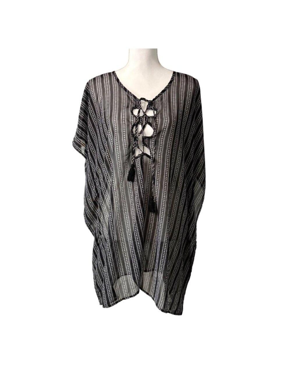 Black & White Boho Sheer Striped Beach Swim Tunic Cover Up Time & Tru L(12-14)